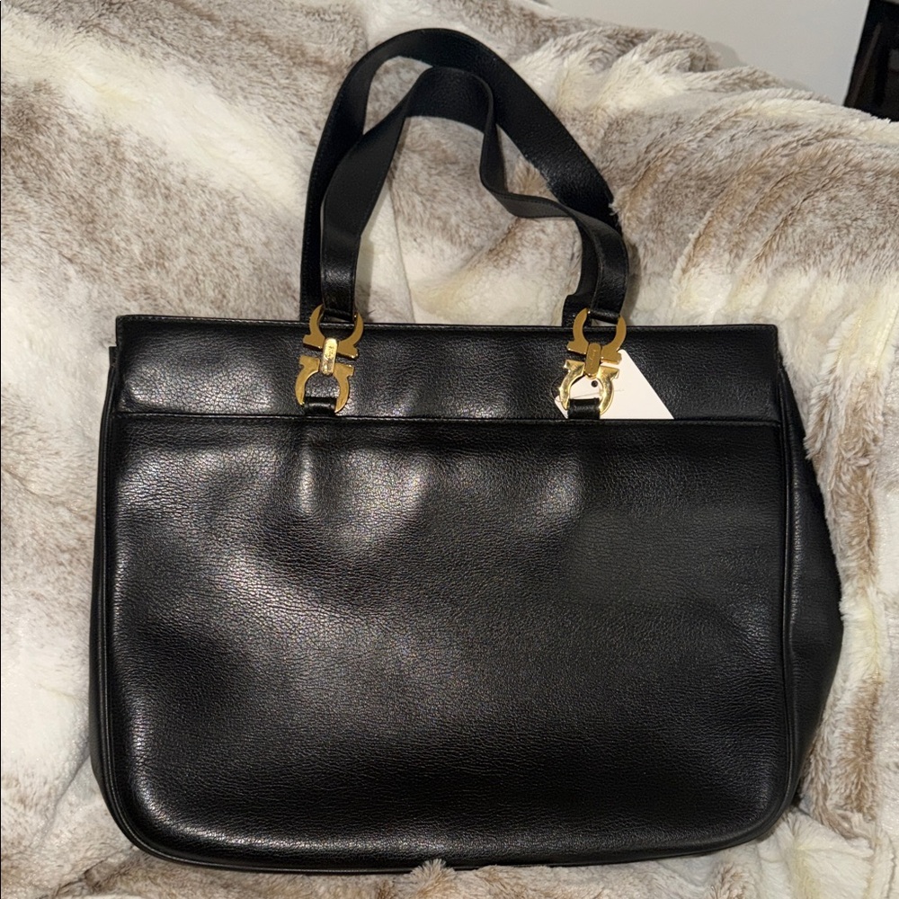 Salvatore Ferragamo Black Leather Tote with Gold Accents